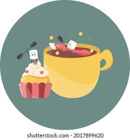 Café con divertidos malvaviscos. Copa de café y bizcocho. Café y donut. Cacao con dulces. Cacao con malvaviscos.