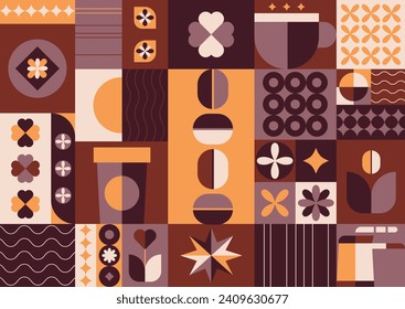 Coffee geometric background in minimal retro style.Abstract wall art.Ideal for coffee shop,bakery,branding,decoration,cover design, decorative print, background.Vector illustration EPS 10