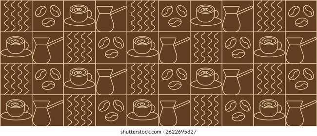 Coffee geometric pattern of lines. Abstract seamless background for coffee shop, food packaging, menu.
