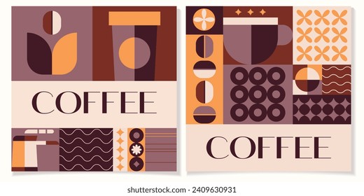 Coffee geometric posters in minimal retro style.International coffee day concept.Ideal for coffee shop,bakery,branding,decoration,cover design, decorative print, background.Vector illustration EPS 10