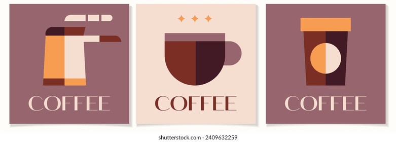 Coffee geometric posters in minimal retro style.International coffee day concept.Ideal for coffee shop,bakery,branding,decoration,cover design, decorative print, background.Vector illustration EPS 10