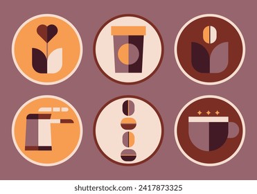 Coffee geometric stickers in minimal retro style.Coffe shop emblems pack.Ideal for coffee shop,bakery,branding,decoration,cover design, decorative print, background.Vector illustration EPS 10.