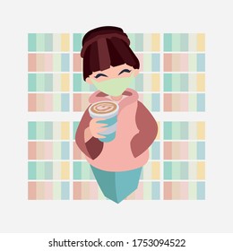 Coffee and girl made in vector with mask on face, quarantine