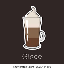 Coffee Glace with chocolate and ice cream in a tall glass cup. Flat vector illustration for cafe menu, sticker, icons, card, poster, tag, scrapbooking.