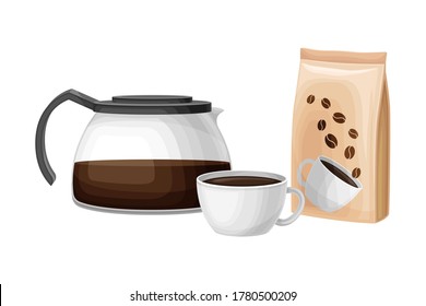 Coffee Glass Brewer with Cup of Hot Beverage Rested Nearby Vector Illustration