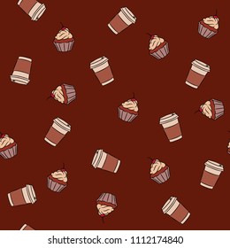 Coffee in a glass and cream cupcakes. Pattern illustration vector