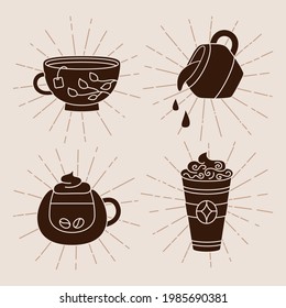 Coffee glass and cup sunburst or light rays cartoon set. Trendy doodle flat various cups to go, bursting sun rays. Hot chocolate, linear drawing. Different coffee cup icon collection Vector