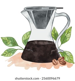 Coffee Glass Dripper with Stainless Steel Filter. Watercolor vector graphic of coffee glass dripper with leaves and coffee beans. Beautiful design for coffee shop decoration, website, banner, postcard