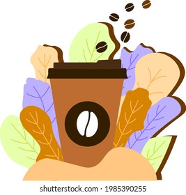 Coffee glass illustration in trendy leaves. Coffee beans pouring in paper glass. 