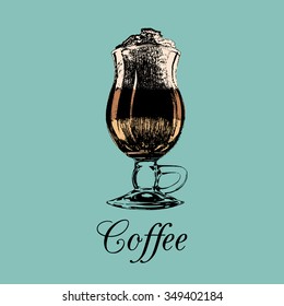Coffee glass isolated. Vector illustration of frappe with foam. Hand sketched transparent cup of cappuccino. Soft drink logo, sign for restaurant, cafe menu.
