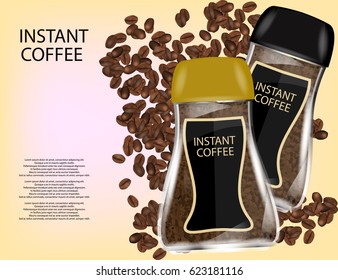 Coffee Glass Jar with Instant Coffee Granules and Coffee Beans Isolated on Yellow Background. Vector Illustration.