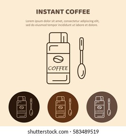 Coffee Glass Jar With Instant Coffee With A Spoon. Vector Isolated Illustration. Line Icon.