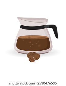 Illustration eines Kaffeeglaskochers. Braunes Koffein-Getränk, das in Küchengerät mit Kappe und Griff enthalten ist. Vektorgrafik eines Flachkessels