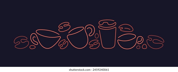 Coffee glass, mug, aroma beans in minimal line design. Vector sketch border for cafe shop, food print. Abstract silhouette concept. Editable stroke