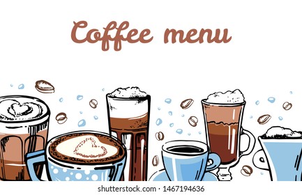 Coffee glass and mugs. Cafe munu cover design template. Vector outline sketch hand drawn illustration in brown colors on white background