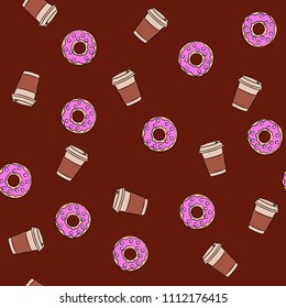 Coffee in a glass and pink donuts. Pattern illustration vector
