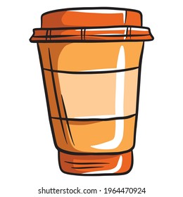 Coffee in a glass. Coffee in a plastic cup. Coffee to go. Cartoon style. Vector illustration for design and decoration.