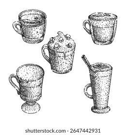coffee glass set hand drawn. espresso latte, brew roast, beans aroma coffee glass vector sketch. isolated black illustration