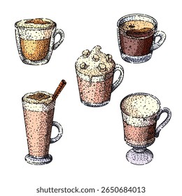 café vidro set mão desenhada. espresso latte, pão assado, grãos aroma de vidro de café esboço vetor.