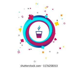 Coffee glass sign icon. Hot coffee button. Hot tea drink with steam. Takeaway. Colorful button with icon. Geometric elements. Vector