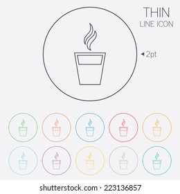 Coffee glass sign icon. Hot coffee button. Hot tea drink with steam. Takeaway. Thin line circle web icons with outline. Vector