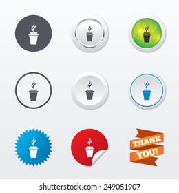 Coffee glass sign icon. Hot coffee button. Hot tea drink with steam. Takeaway. Circle concept buttons. Metal edging. Star and label sticker. Vector