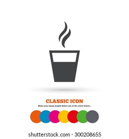 Coffee glass sign icon. Hot coffee button. Hot tea drink with steam. Takeaway. Classic flat icon. Colored circles. Vector