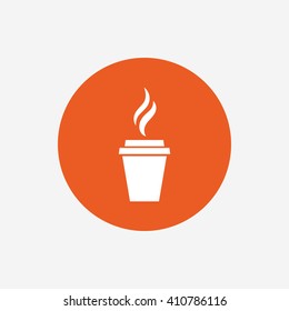 Coffee glass sign icon. Hot coffee button. Hot tea drink with steam. Takeaway. Orange circle button with icon. Vector
