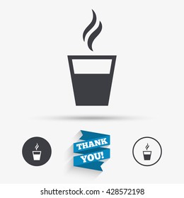 Coffee glass sign icon. Hot coffee button. Hot tea drink with steam. Takeaway. Flat icons. Buttons with icons. Thank you ribbon. Vector