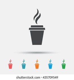 Coffee glass sign icon. Hot coffee button. Hot tea drink with steam. Takeaway. Graphic element on white background. Colour clean flat coffee icons. Vector