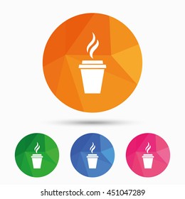 Coffee glass sign icon. Hot coffee button. Hot tea drink with steam. Takeaway. Triangular low poly button with flat icon. Vector