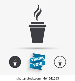 Coffee glass sign icon. Hot coffee button. Hot tea drink with steam. Takeaway. Flat icons. Buttons with icons. Thank you ribbon. Vector