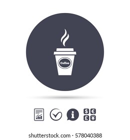 Coffee glass sign icon. Hot coffee button. Hot drink with steam. Takeaway. Report document, information and check tick icons. Currency exchange. Vector