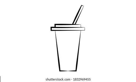 coffee in a glass with a straw, on a white background, vector illustration. cardboard glass with a black outline. pencil drawing style illustration.
