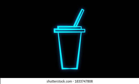 coffee in a glass with a straw, on a white background, vector illustration. neon sign in blue. lighting for cafes and restaurants. decor of a coffee shop, pastry shop.