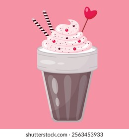 Coffee in glass with whipped cream  and decorative elements isolated on pink background. Coffee for Valentines Day design. Design for  coffeeshops, shops,  cafeterias. Vector illustration.