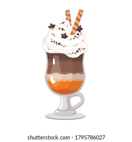 Coffee in a glass with whipped cream, orange syrup and spices . Vector drawing on a white background isolated.