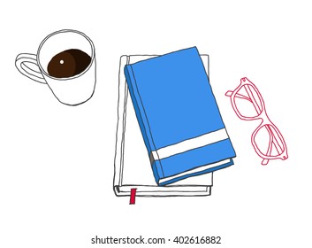 Coffee, glasses and books.Top view. Vector hand-drawn sketch.