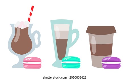Coffee glasses with liquid for latte, cappuccino with a straw, cocoa with pastel macaroons and marshmallows set. Glass and paper. Eco-friendly concept. Banner and poster for cafe. Vector illustration