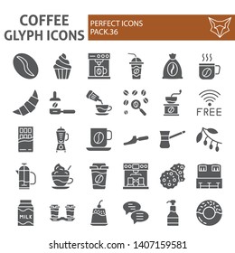 Coffee glyph icon set, cafe symbols collection, vector sketches, logo illustrations, caffeine signs solid pictograms package isolated on white background, eps 10.