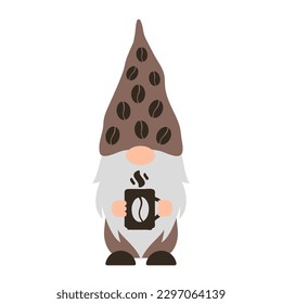 Coffee gnome. Cute cartoon gnome holding mug. Vector template for banner, poster, sticker, shirt, etc.
