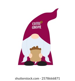 Coffee gnome wears violet uniform with bag of roasted coffee beans and text logo on high hat.