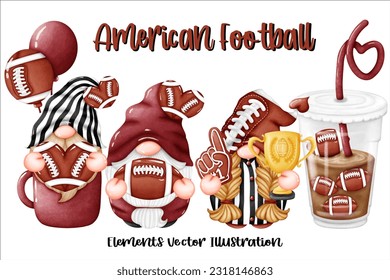 Coffee Gnomes American Football Ball Trophy Element Watercolor Vector File ,Clipart Cute cartoon vintage-Retro style For banner, poster, card, t shirt, sticker