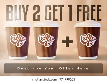 Coffee to Go 2 plus 1 Banner Concept Cappuccino Background. Vector EPS10