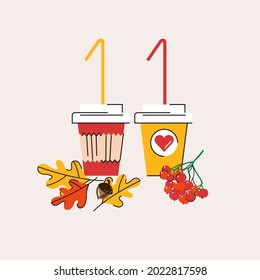 Coffee to go. Autumn still life. Vector flat illustration. Postcard with autumn elements.