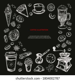 Coffee and Coffee to go background. Vector hand drawn illustrations. Bakery elements. Sketch style. Isolated objects