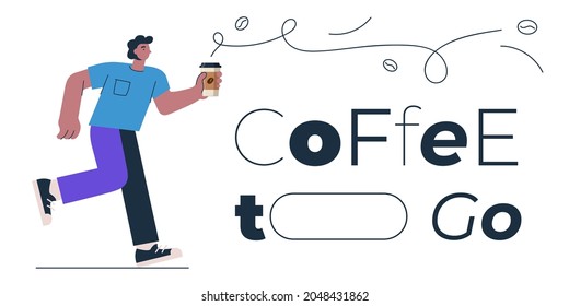 El concepto de diseño de pancartas Coffee to go go para tienda, cafetería, restaurante o bar. Hombre con taza de papel americano o capuchino e inscripción. Ilustración de pasos vectoriales para afiches, tarjetas, portada