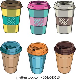  Coffee to go. Beige cup with brown lid. A cup of hot drink. Set of cups