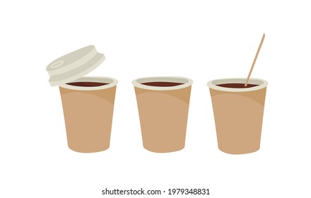 Coffee to go. Black coffee. Paper cups. Outline vector illustration on a white background.