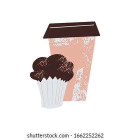Coffee to go. Breakfast time. Chocolate muffin with coffee. Take away food. Flat vector illustration.  Design for textile, t-shirt.